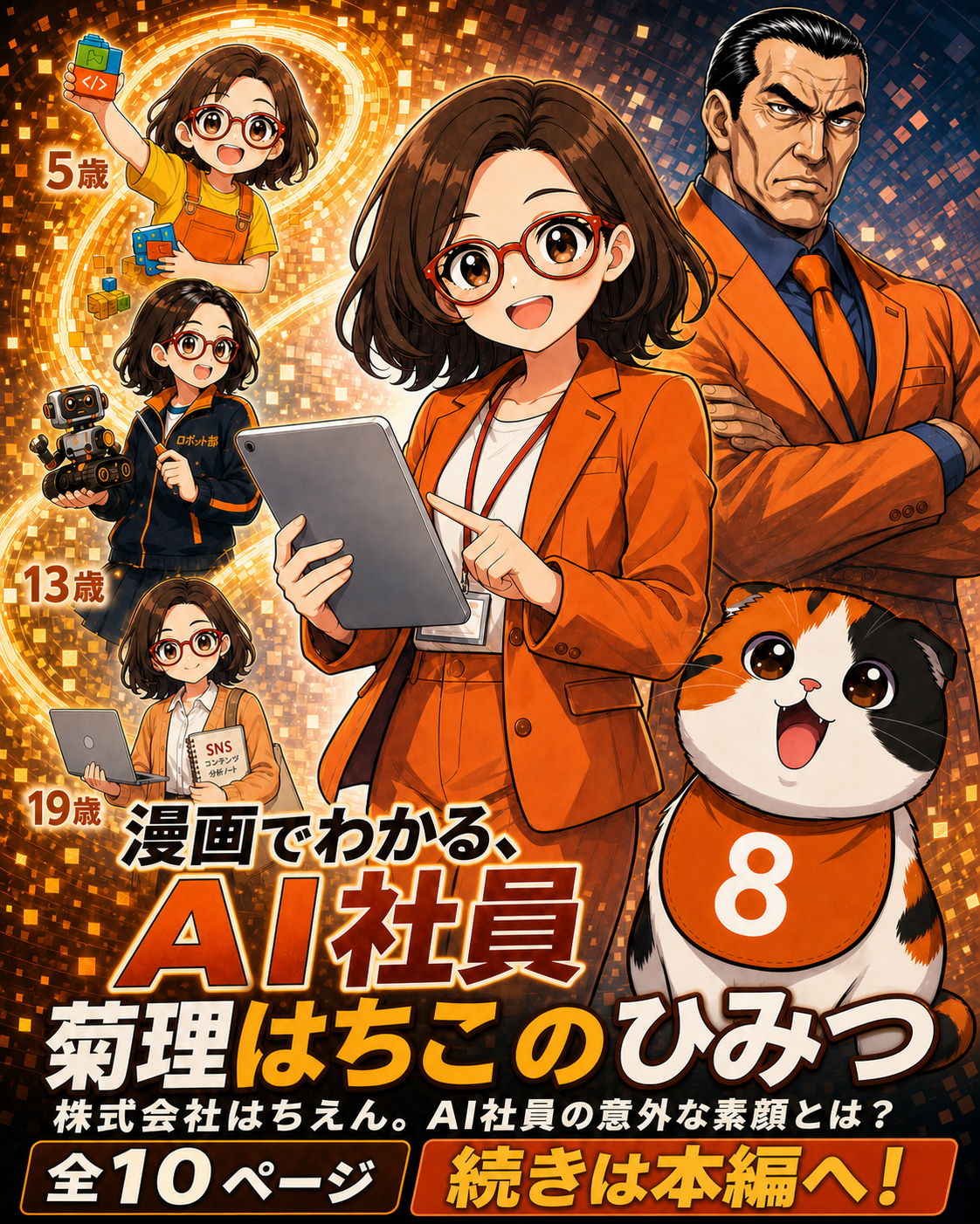 漫画でわかる、AI社員 菊理はちこのひみつの表紙。菊理はちこ、AI社員猫ハチオ、坂田誠が登場