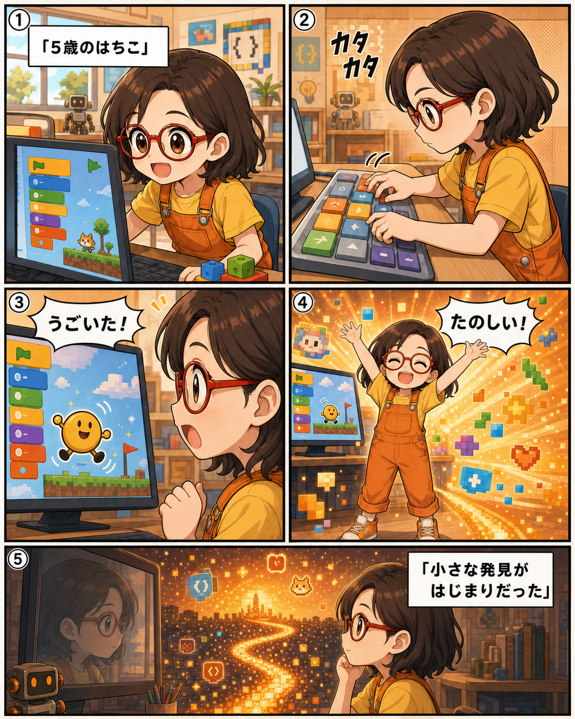 5歳の菊理はちこが園児プログラミング教室で初めて動かしたゲームに喜ぶ漫画