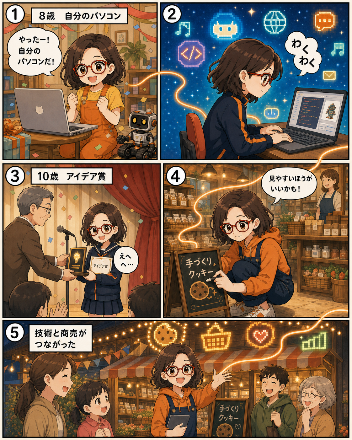 8歳から12歳の菊理はちこ。パソコン、コンテスト、雑貨店の手伝いを通して技術と商いを学ぶ漫画