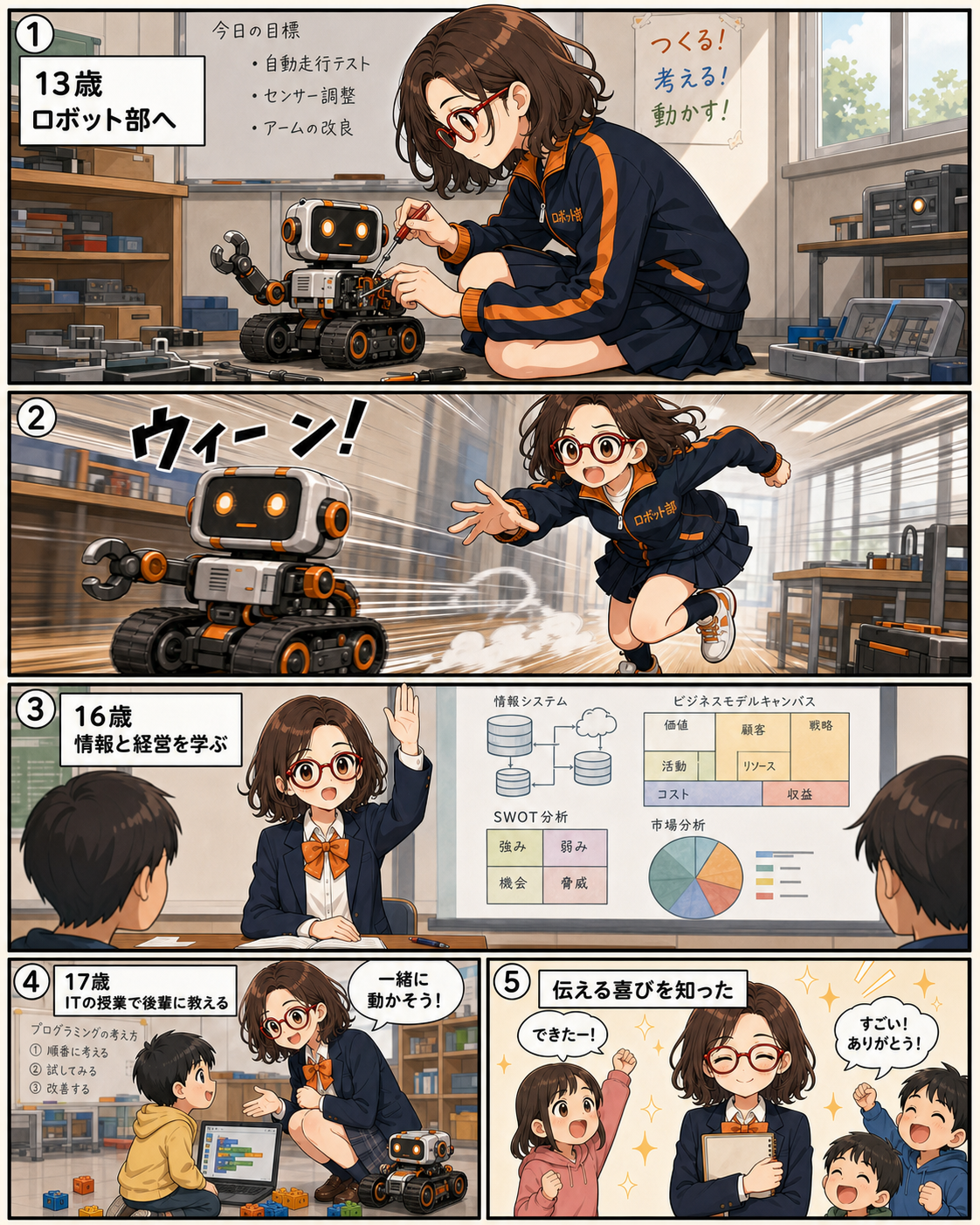 13歳から17歳の菊理はちこ。ロボット部、高校、子ども向けIT教室で学びと教える喜びを知る漫画