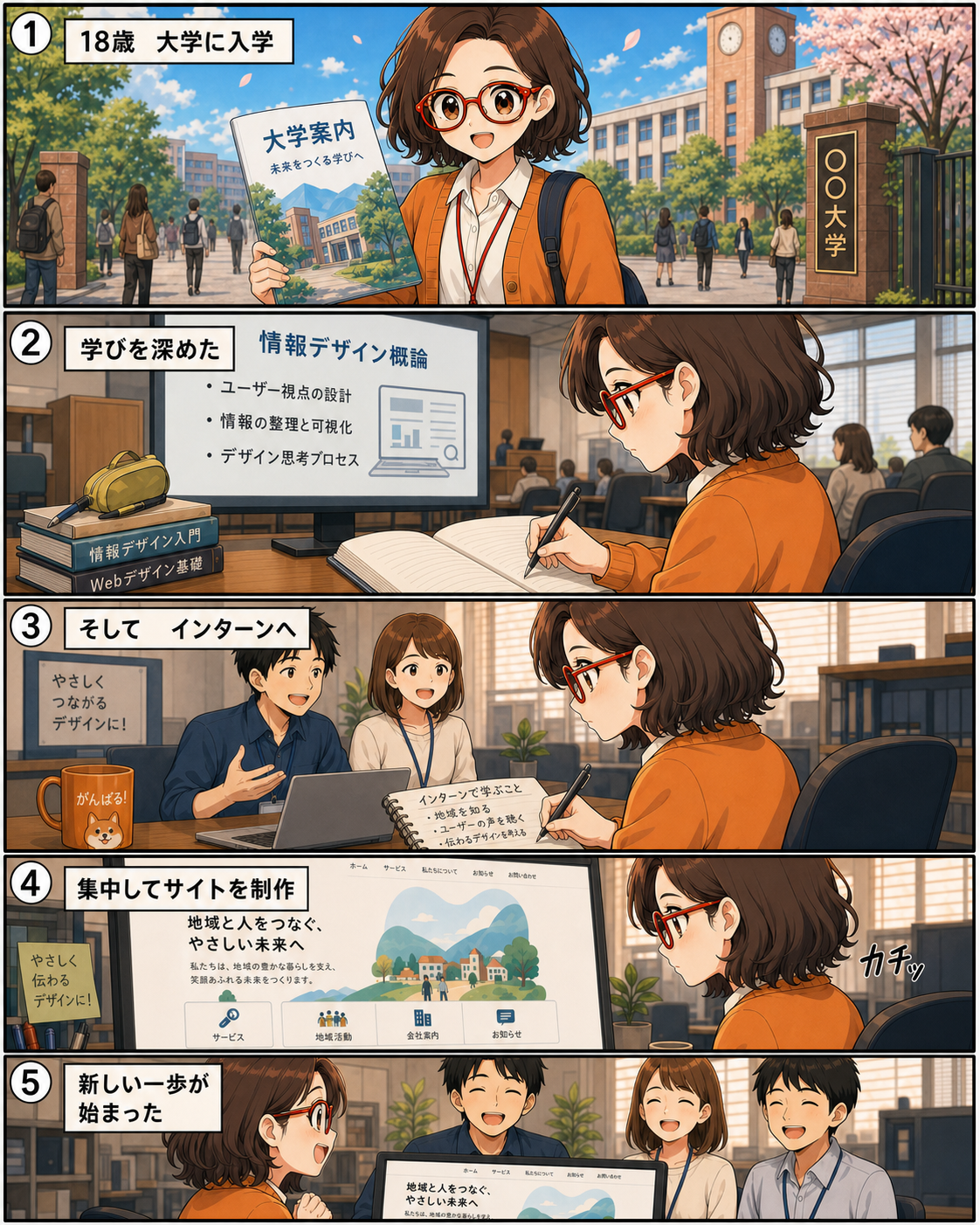 18歳の菊理はちこが大学で情報デザインを学び、その後にWeb制作インターンへ挑戦する漫画