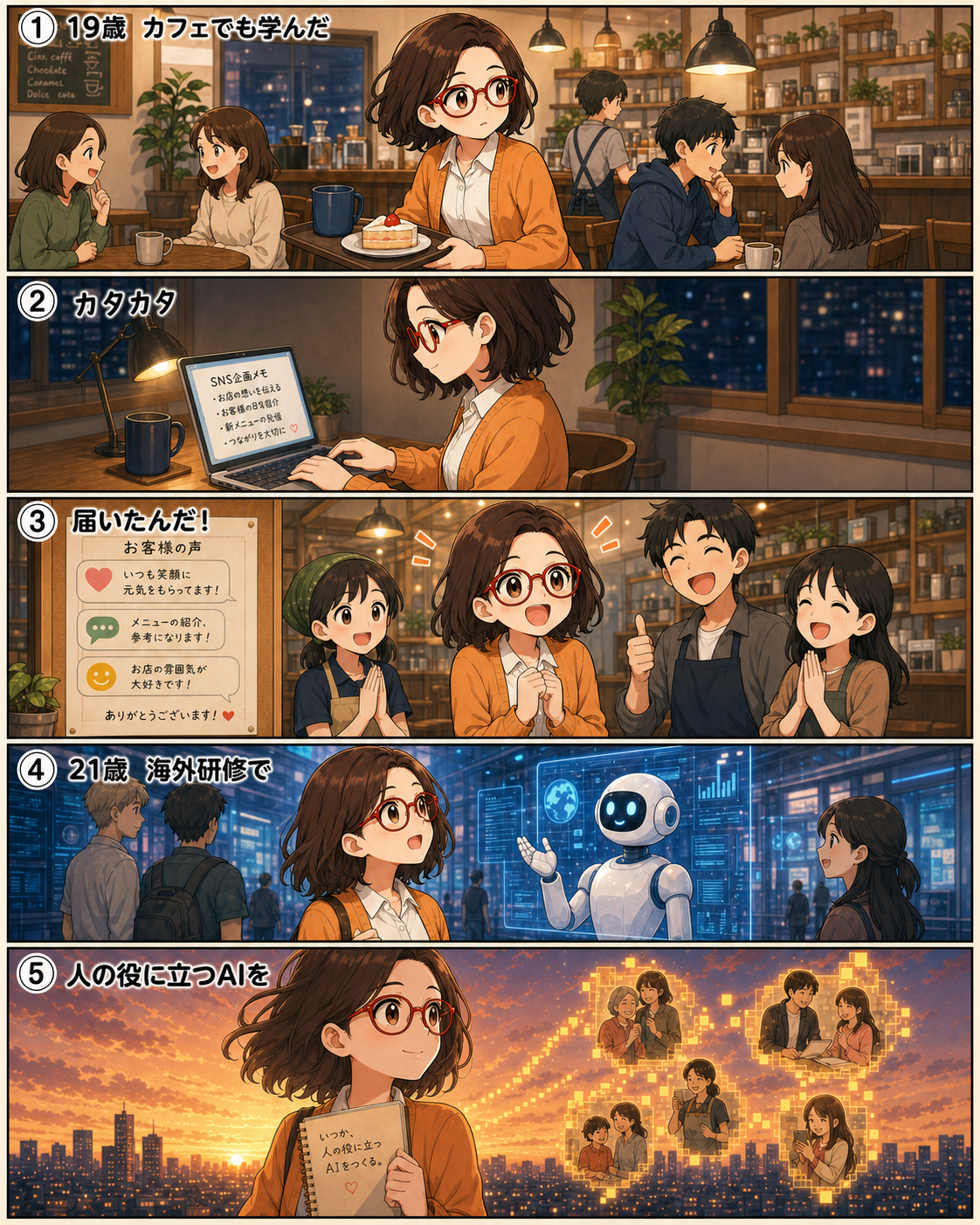 19歳から21歳の菊理はちこ。カフェのSNS運用と海外研修でAI企業を見学する漫画