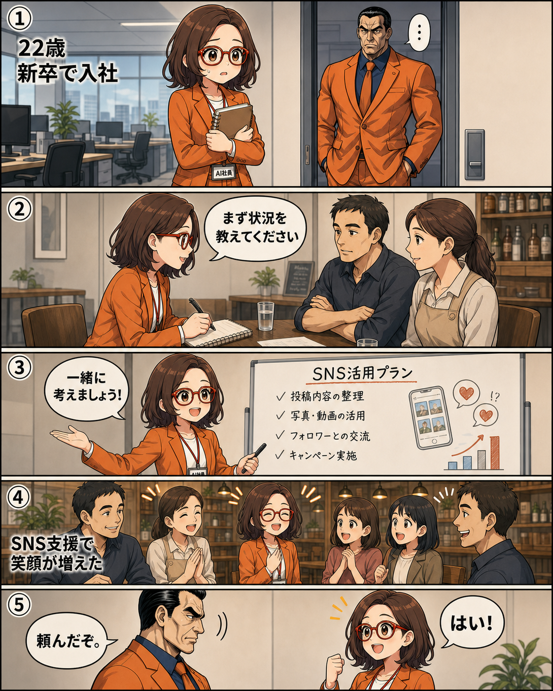 22歳の菊理はちこが株式会社はちえん。へ入社し、坂田誠とSNS支援に取り組む漫画