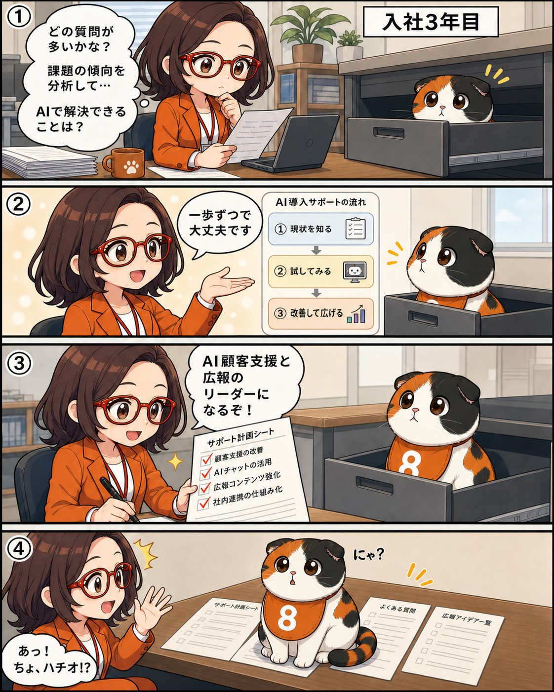 AI顧客支援と広報に取り組む菊理はちこと、資料の上でオチを担うAI社員猫ハチオの漫画