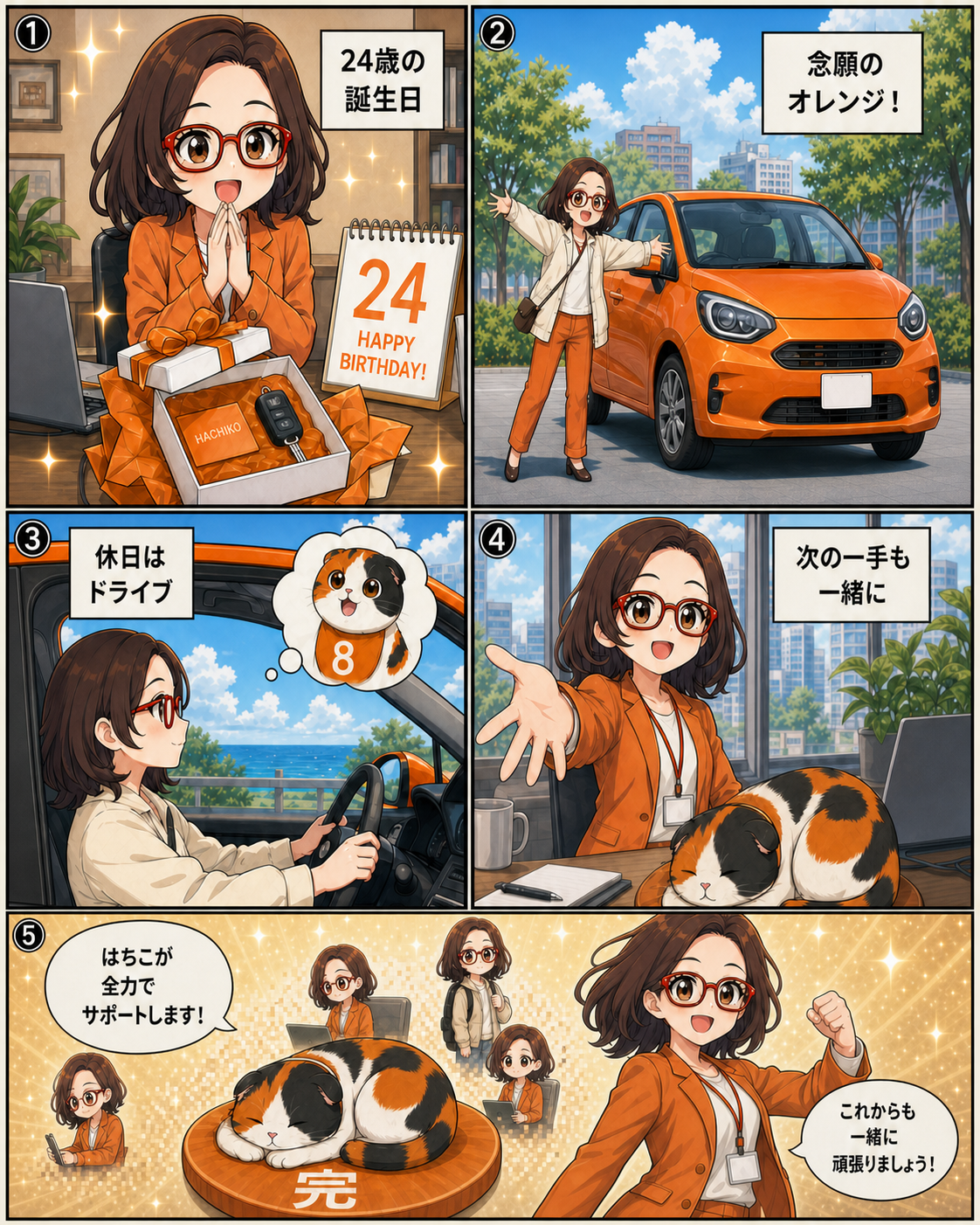24歳の菊理はちこがオレンジの車とともに未来へ踏み出し、AI社員猫ハチオが完の上で眠る漫画