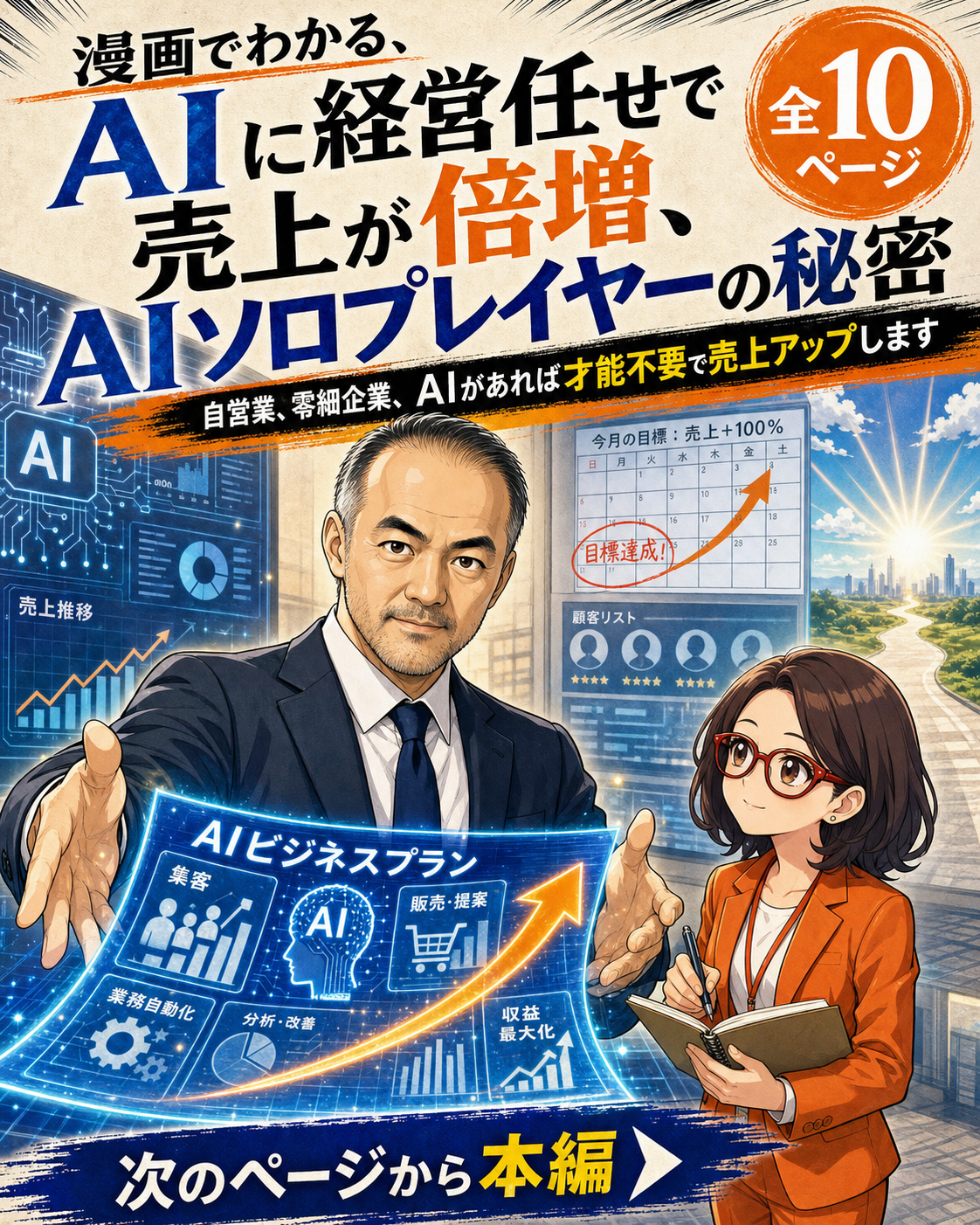 漫画表紙：AIソロプレイヤーの考え方を解説する坂田誠とAI社員 菊理はちこ
