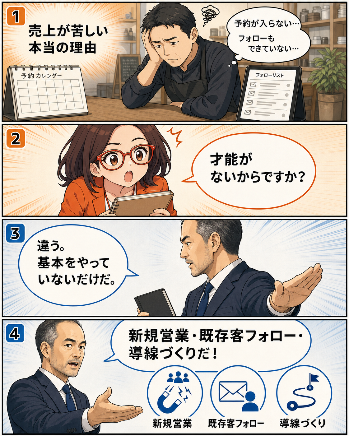 自営業・零細企業の売上が伸びない原因は新規営業と既存客フォローなど基本行動の未実行と解説する漫画