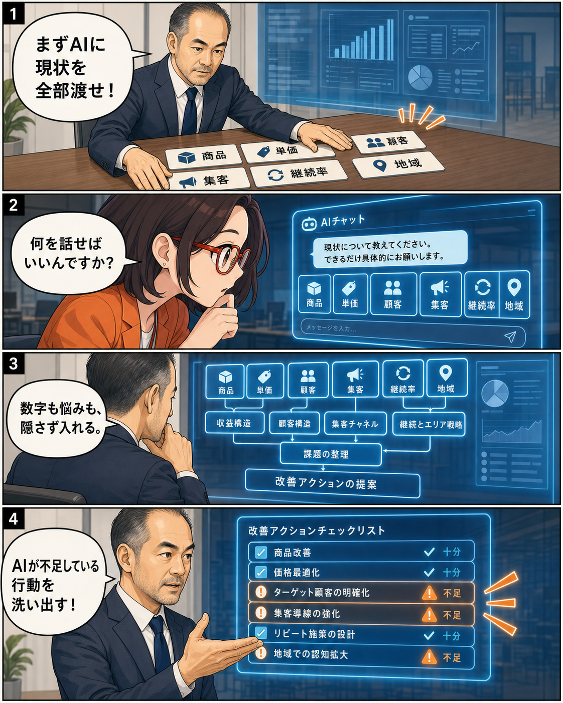 AIに商品、客層、単価、営業、地域など自社の現状を伝え、足りない行動を洗い出す漫画