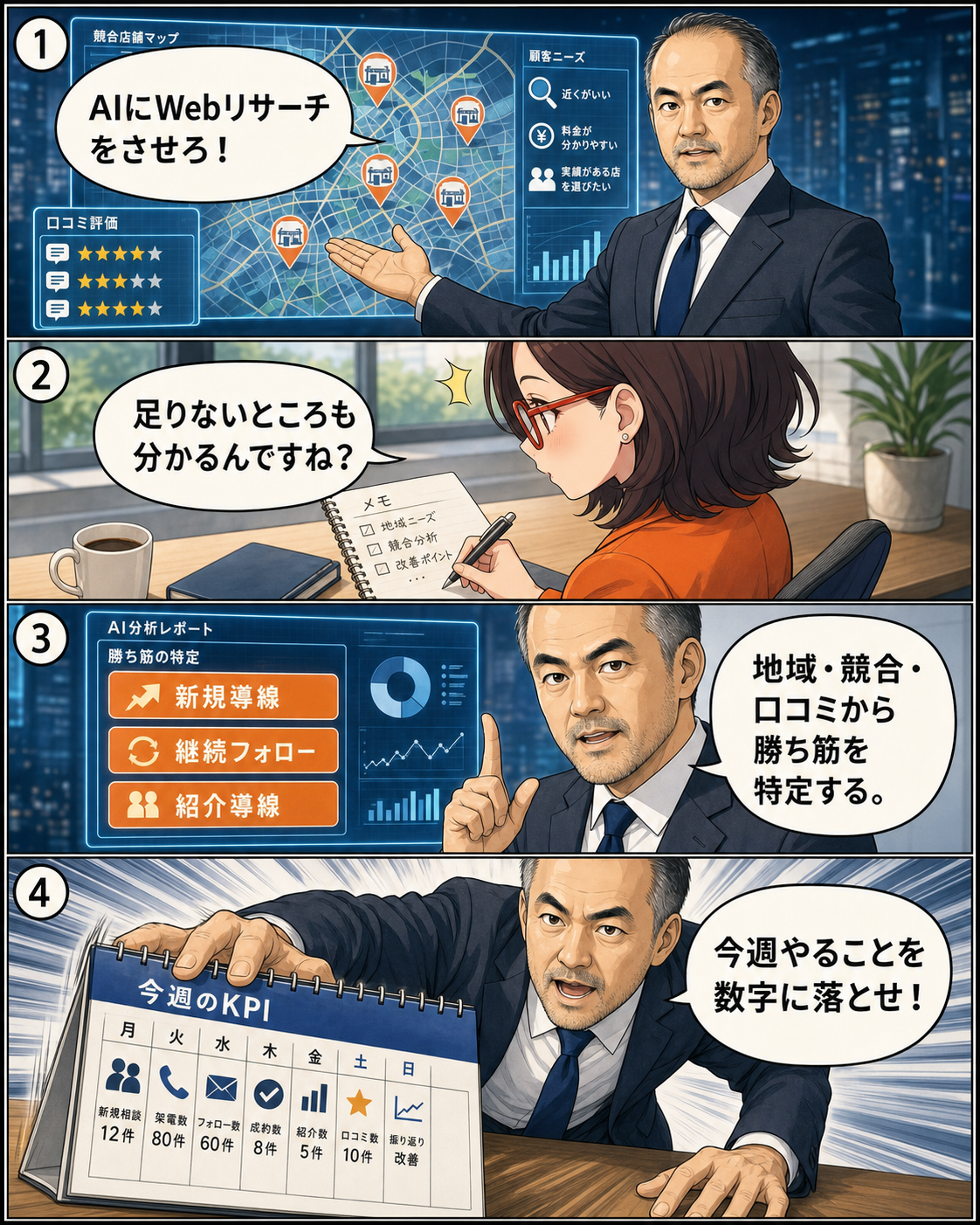 AIのWebリサーチで地域、競合、口コミを調べ、勝ち筋と週ごとのKPIをつくる漫画