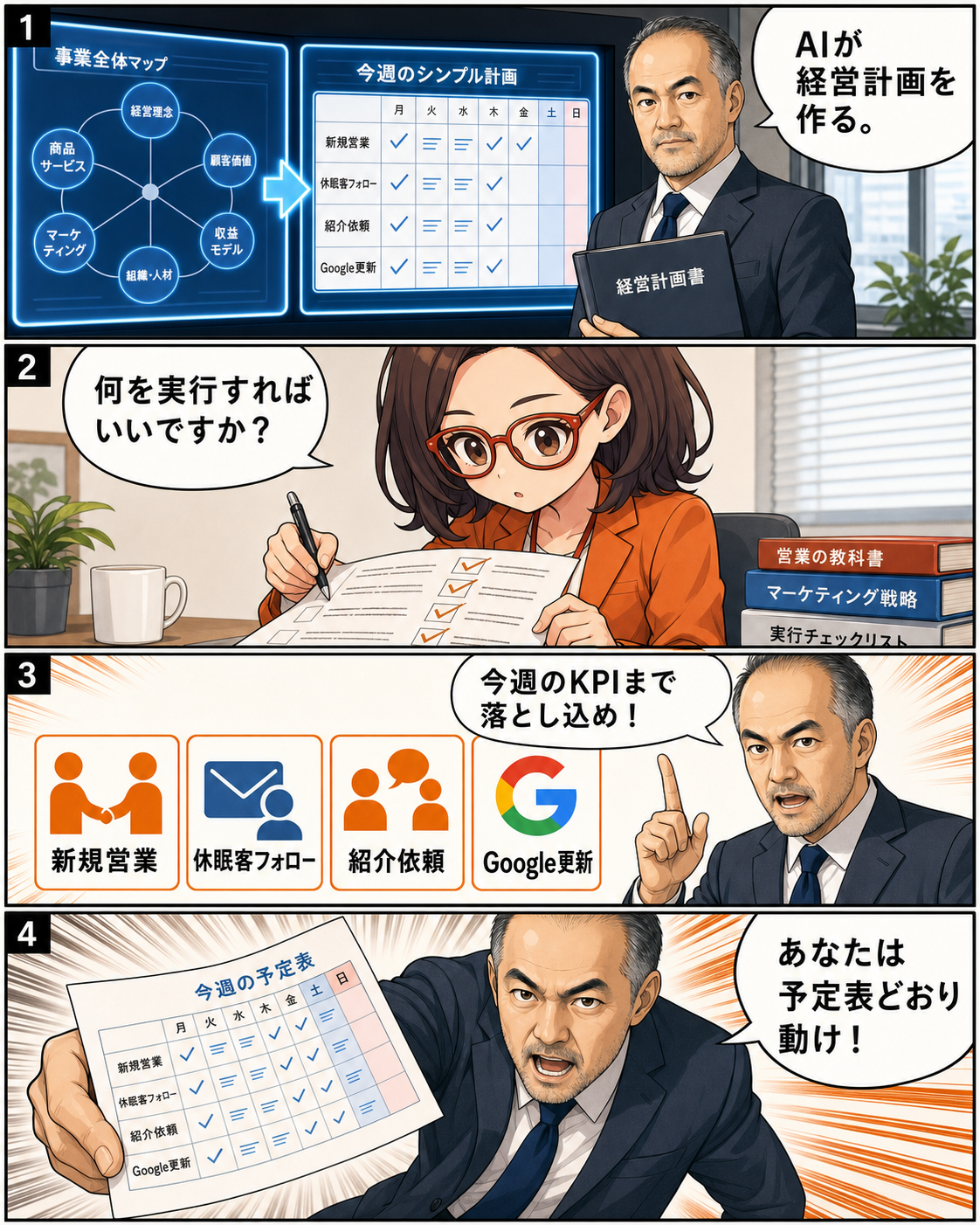新規営業、休眠客フォロー、紹介依頼、Google更新を週ごとのKPIに落とすAI経営計画の漫画