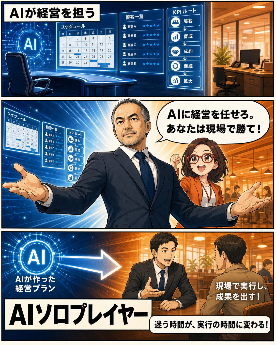 AIが経営を整理し、人が現場の実行に集中するAIソロプレイヤーの役割分担を解説する漫画