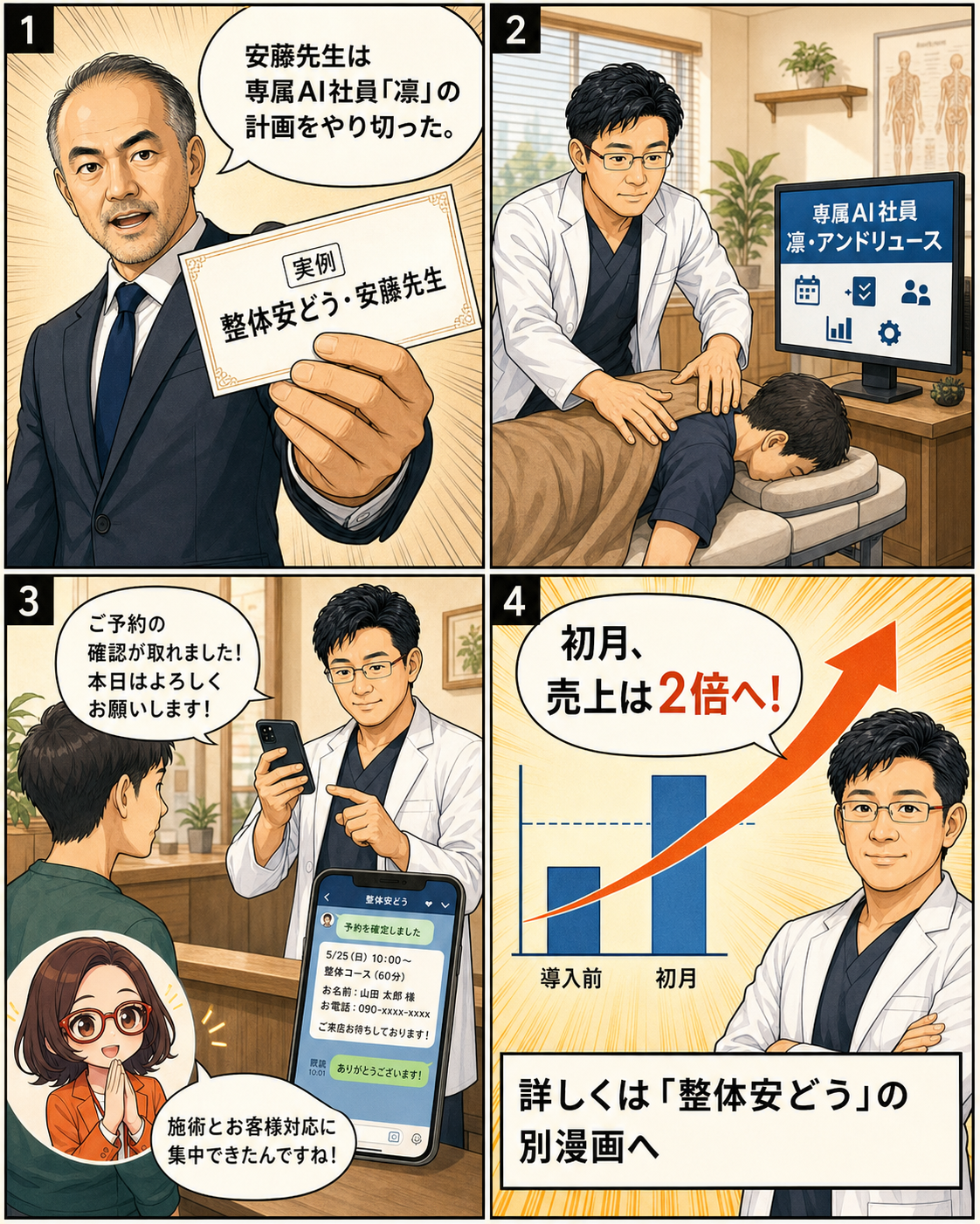 整体安どうの安藤祥宏先生がAI社員 凛・アンドリュースの計画を基に行動する導入事例の漫画