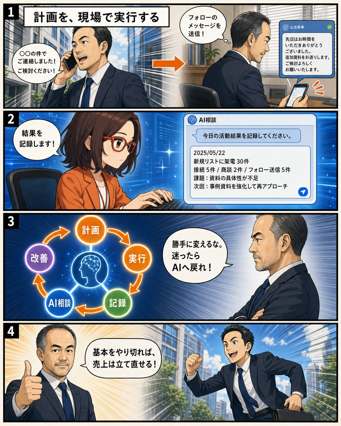 AIの行動計画を実行、記録、相談、改善の順で回し、迷ったらAIに戻る方法を解説する漫画