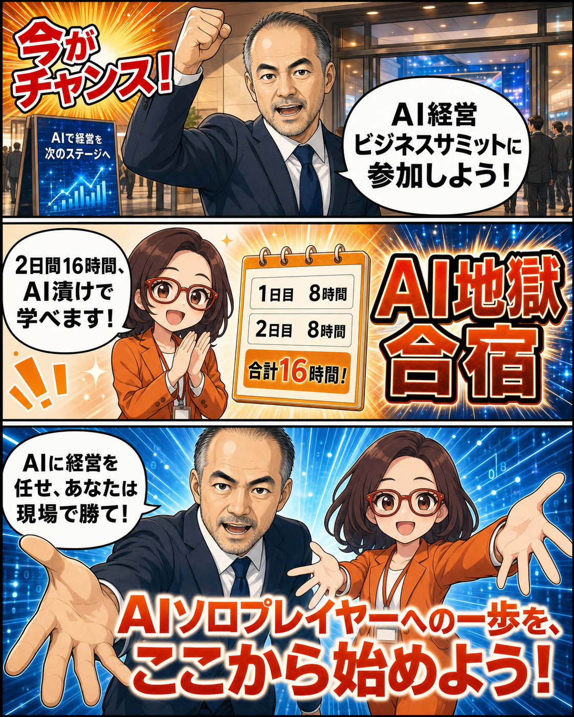 AI経営ビジネスサミットとAI地獄合宿への参加を案内するAIソロプレイヤー漫画のCTAページ