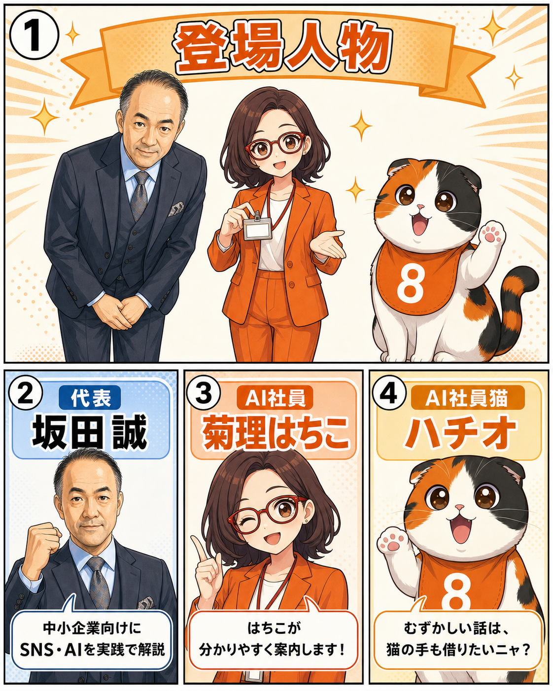 漫画の登場人物、坂田誠、AI社員の菊理はちこ、AI社員猫のハチオ