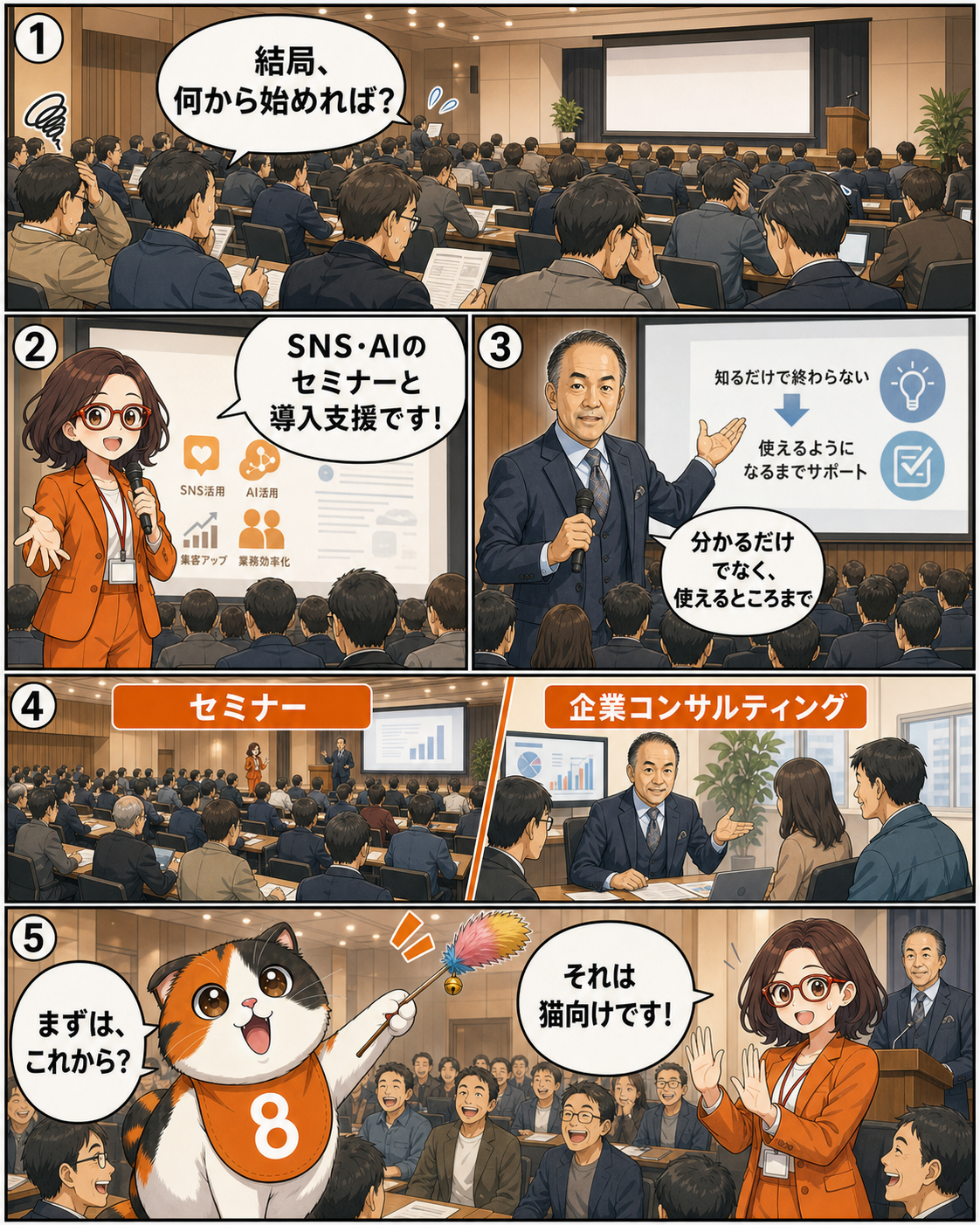 中小企業の経営者が株式会社はちえん。のSNS・AIセミナーを受講する場面