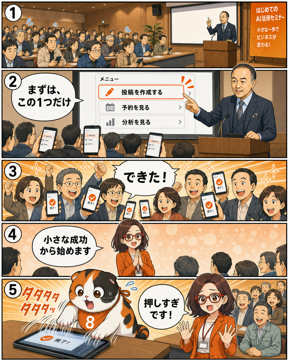 坂田誠がSNSとAIの使い方をセミナー会場で実演する場面