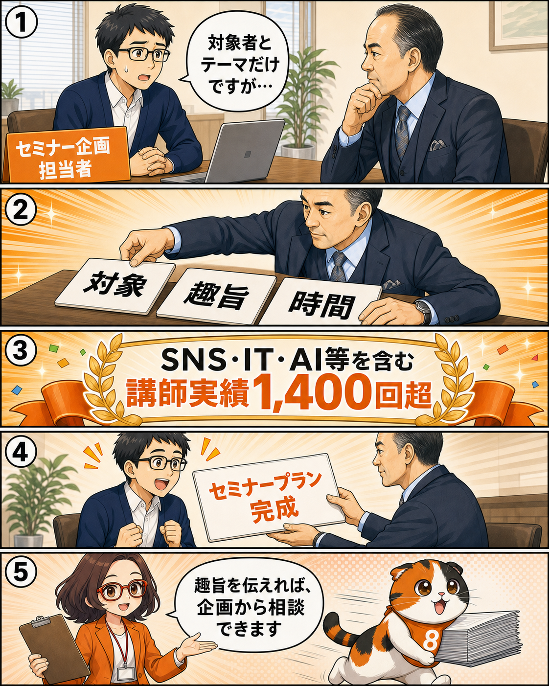 株式会社はちえん。のセミナー料金と条件を説明する漫画