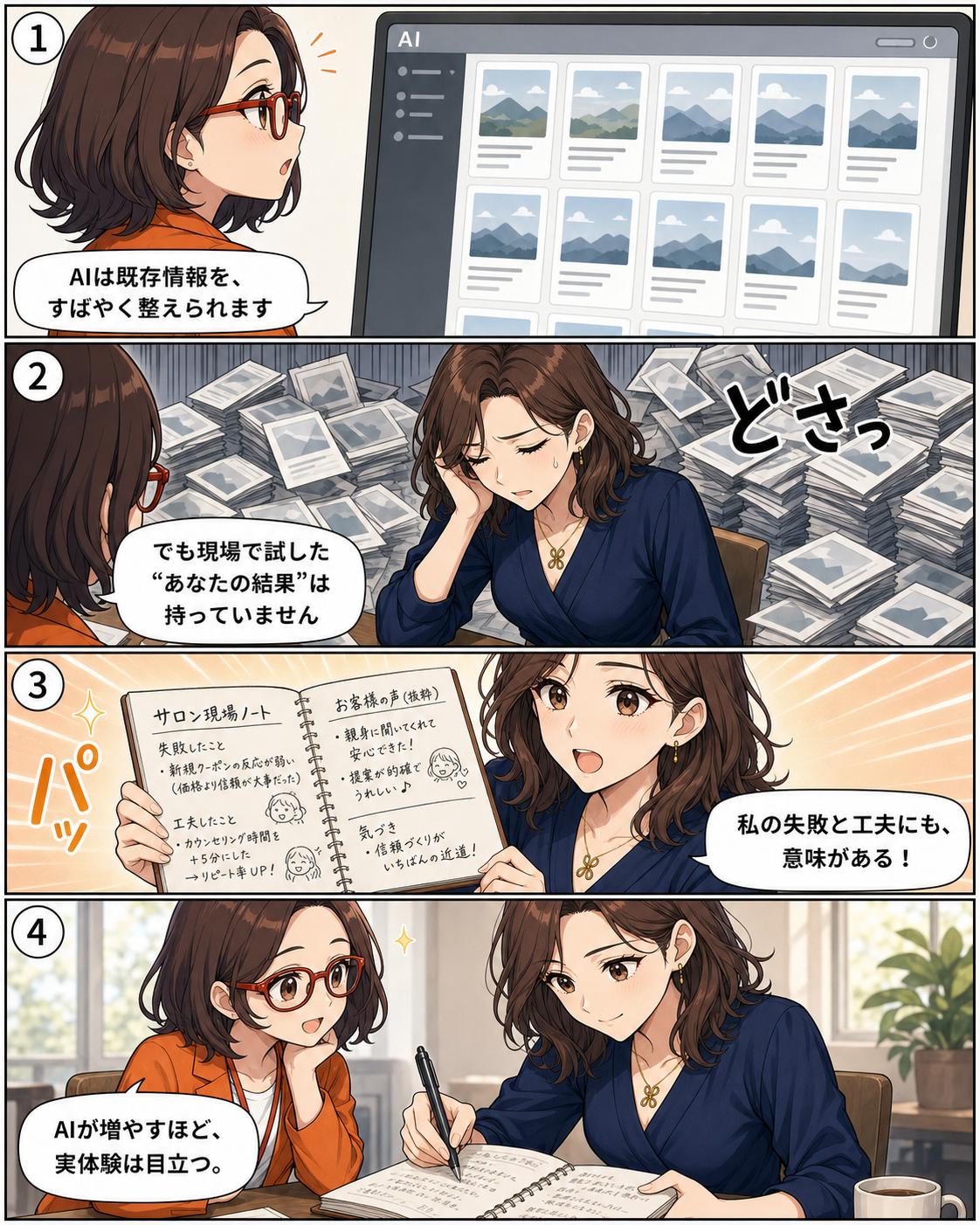 AIが一般論を大量に作る時代ほど、人の実体験や検証結果による一次情報に価値があると説明する漫画