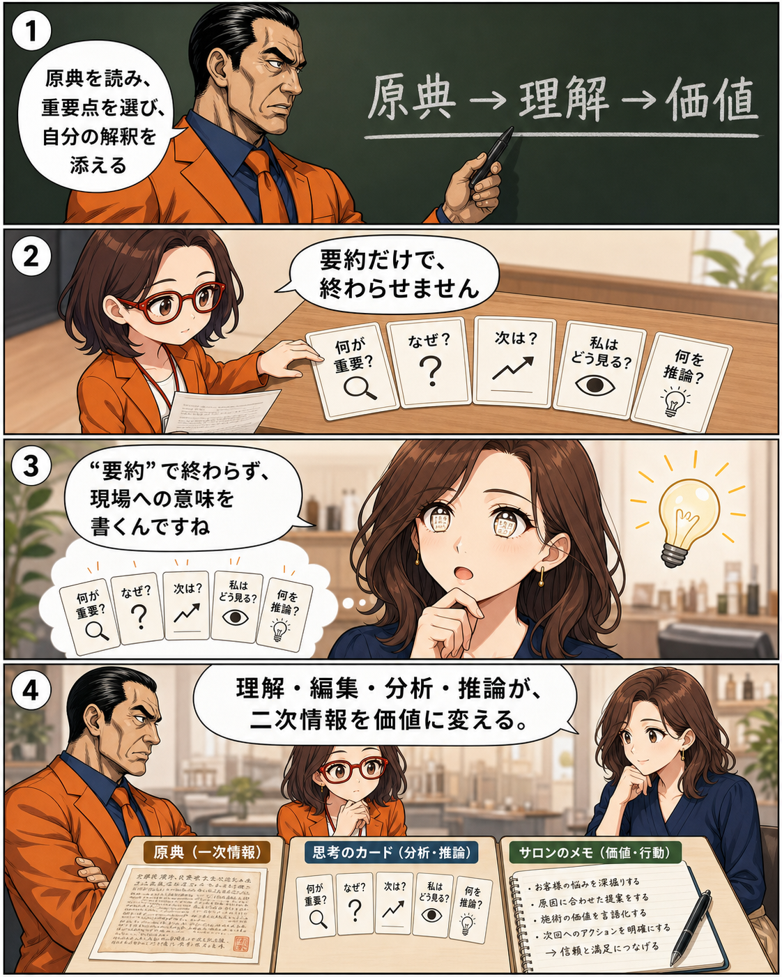 坂田誠が二次情報に理解、分析、解釈、推論を加えて価値を高める方法を解説する漫画