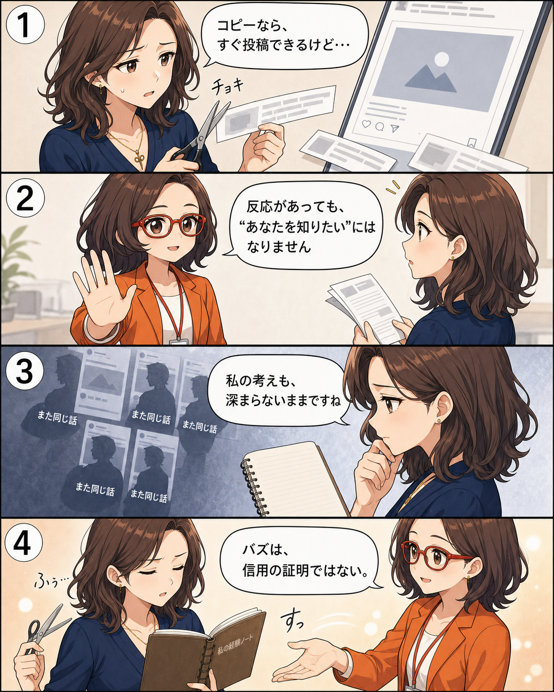 他人の投稿を切り貼りした三次情報以下では、一時的にバズっても信頼や集客につながりにくいと示す漫画