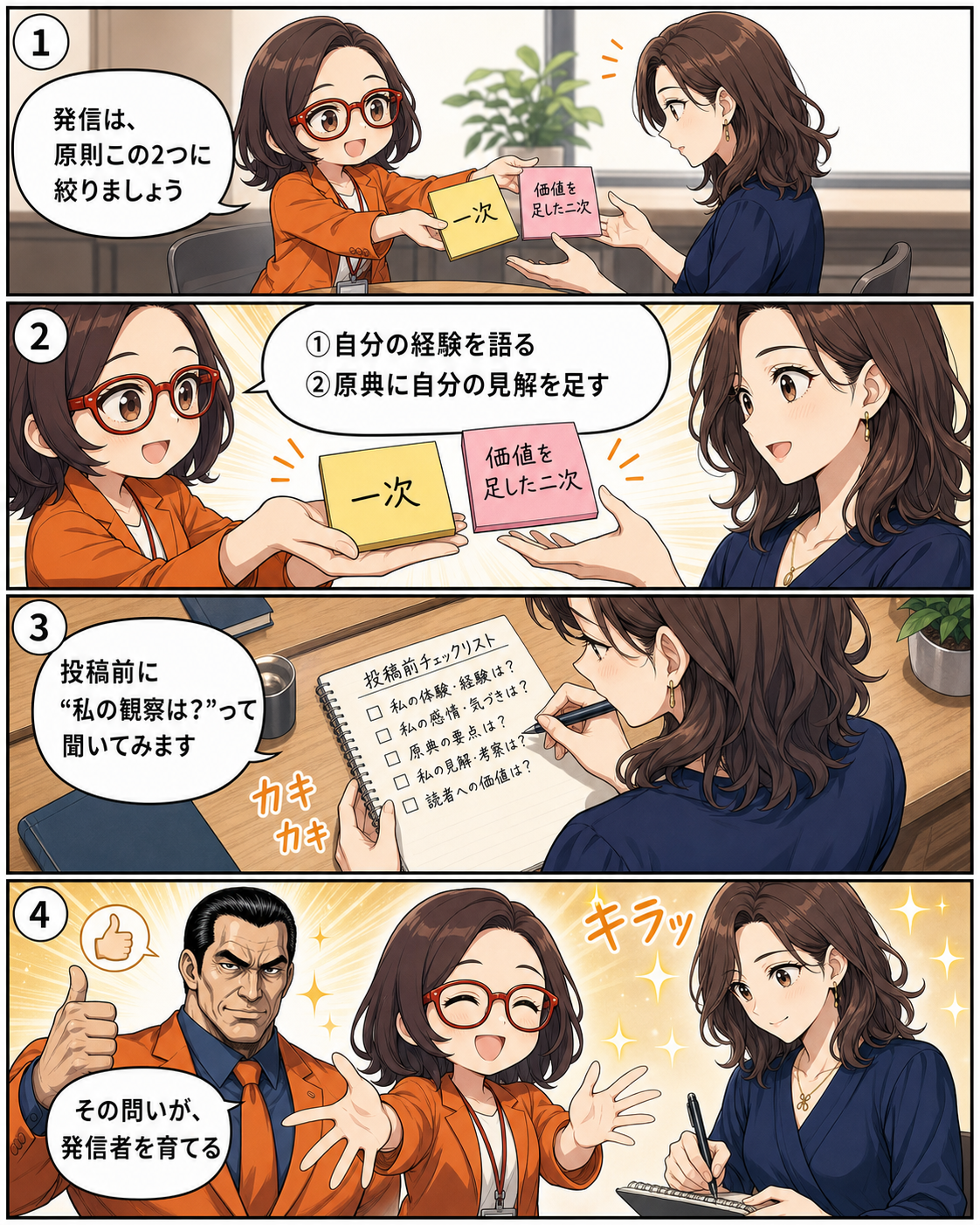 AI時代のSNS情報発信では、一次情報を主体にし、価値を加えた二次情報を発信する二つの原則を示す漫画