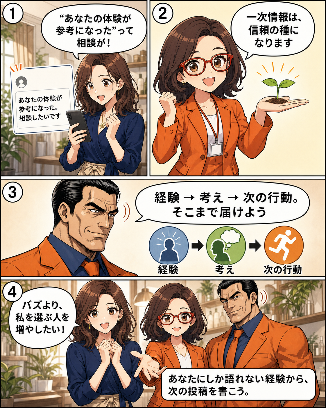 女性サロンオーナーが一次情報を発信して、バズではなく相談や予約につながる信頼を育てる結末の漫画