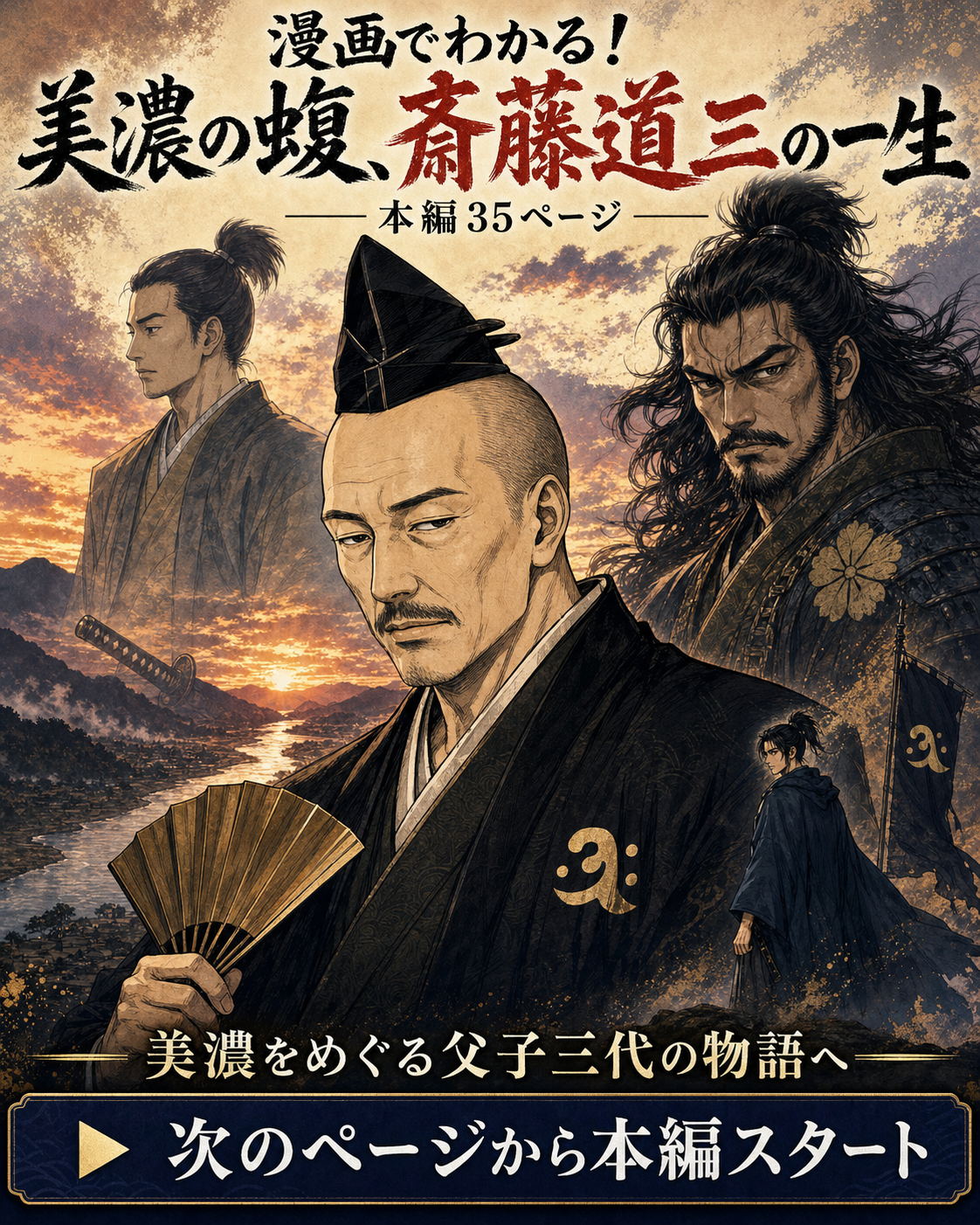 漫画でわかる！美濃の蝮、斎藤道三の一生の表紙。老年の斎藤道三と金華山、次のページから本編が始まる案内を描いたAI生成漫画