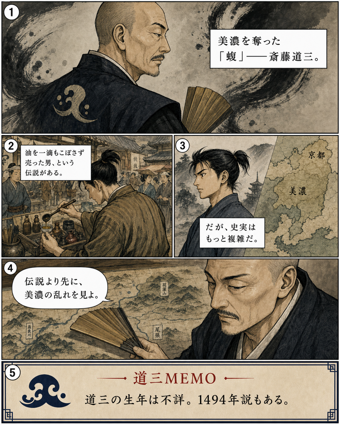 漫画でわかる！美濃の蝮、斎藤道三の一生 1ページ「伝説の入口」。「美濃の蝮」と呼ばれた斎藤道三を、油売りの伝説と史実の両面から見つめる導入