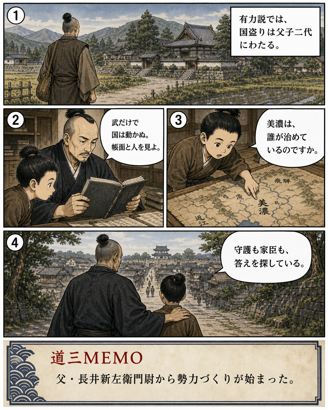 漫画でわかる！美濃の蝮、斎藤道三の一生 2ページ「父から始まる足場」。有力説として、父・長井新左衛門尉から始まる父子二代の勢力づくりを描きます。