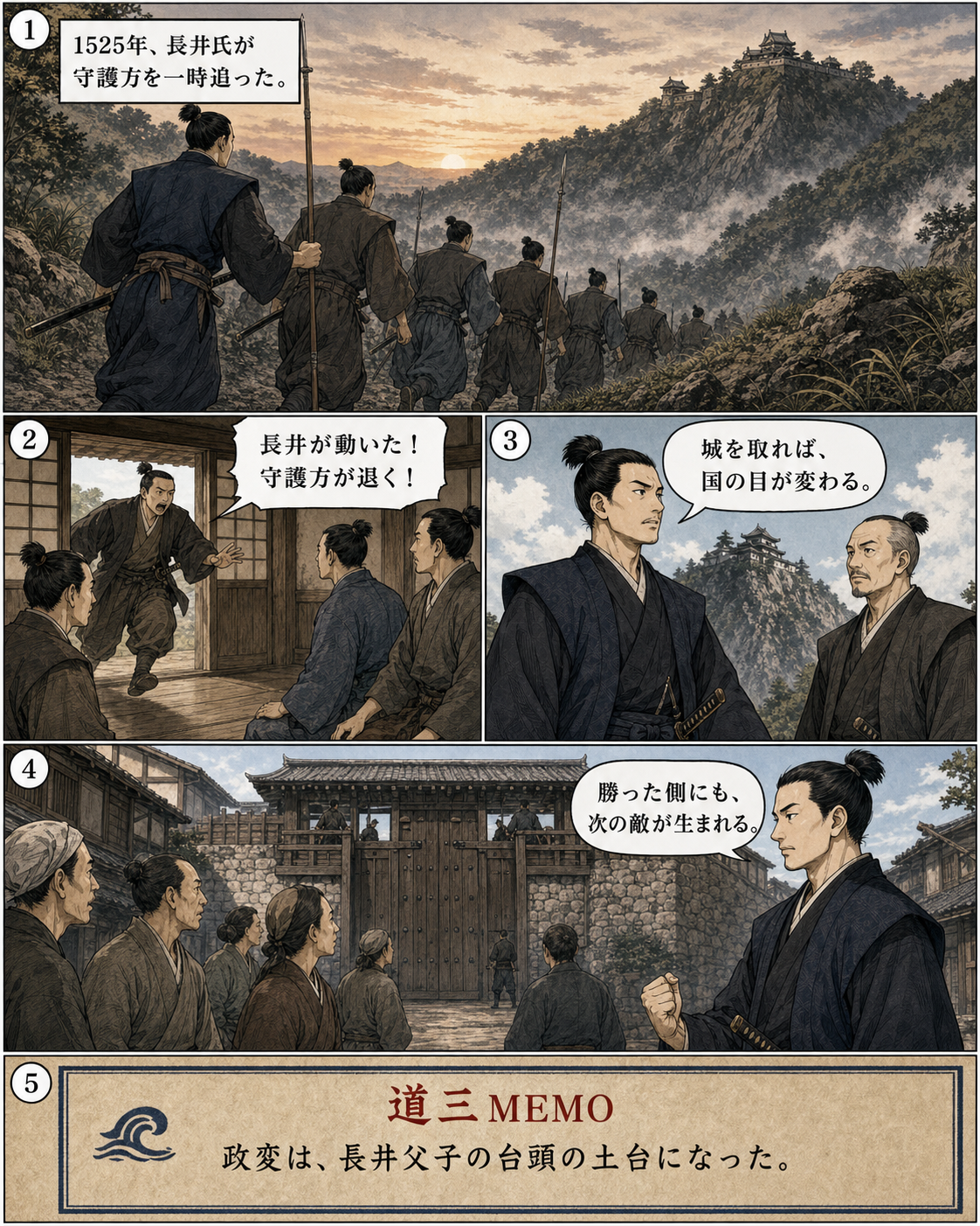 漫画でわかる！美濃の蝮、斎藤道三の一生 4ページ「1525年の政変」。長井氏が守護方を一時追った政変を、後の台頭の土台として追います。
