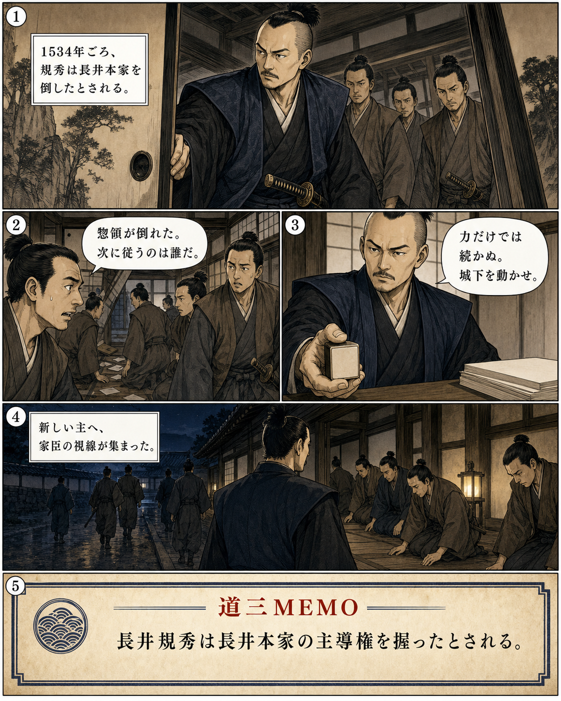 漫画でわかる！美濃の蝮、斎藤道三の一生 6ページ「長井規秀、決断する」。規秀が長井本家の主導権を握ったとされる転機