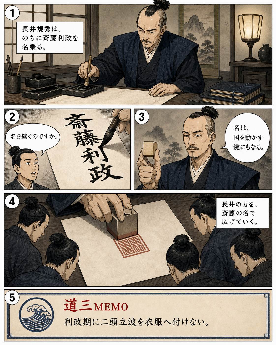 漫画でわかる！美濃の蝮、斎藤道三の一生 7ページ「斎藤利政へ」。長井規秀が斎藤利政を名乗り、名跡と実力を結びつけていきます。
