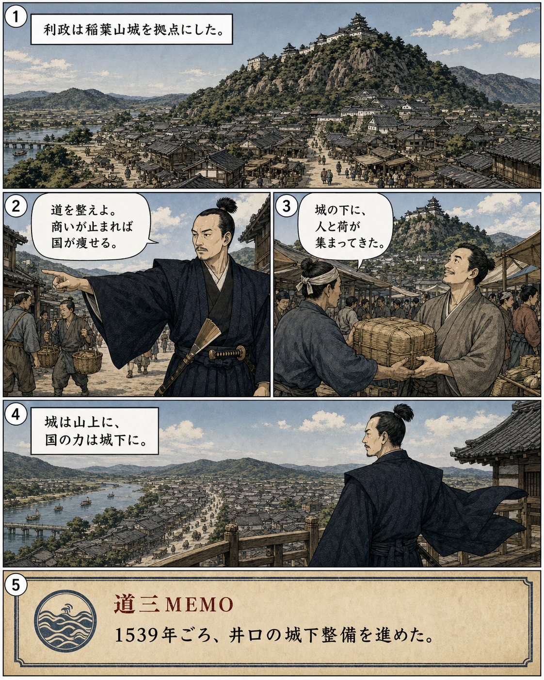 漫画でわかる！美濃の蝮、斎藤道三の一生 8ページ「稲葉山と井口」。稲葉山城を拠点に、井口の城下を整備する統治の視点を描きます。