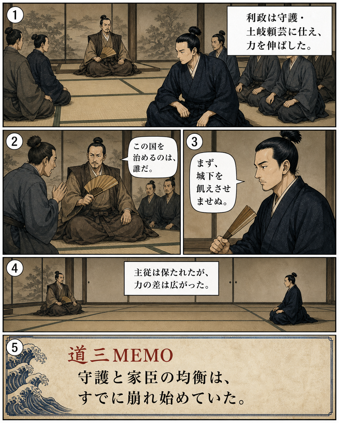 漫画でわかる！美濃の蝮、斎藤道三の一生 9ページ「守護との共存、そして緊張」。土岐頼芸との主従関係に生まれる、力の差と緊張を描きます。