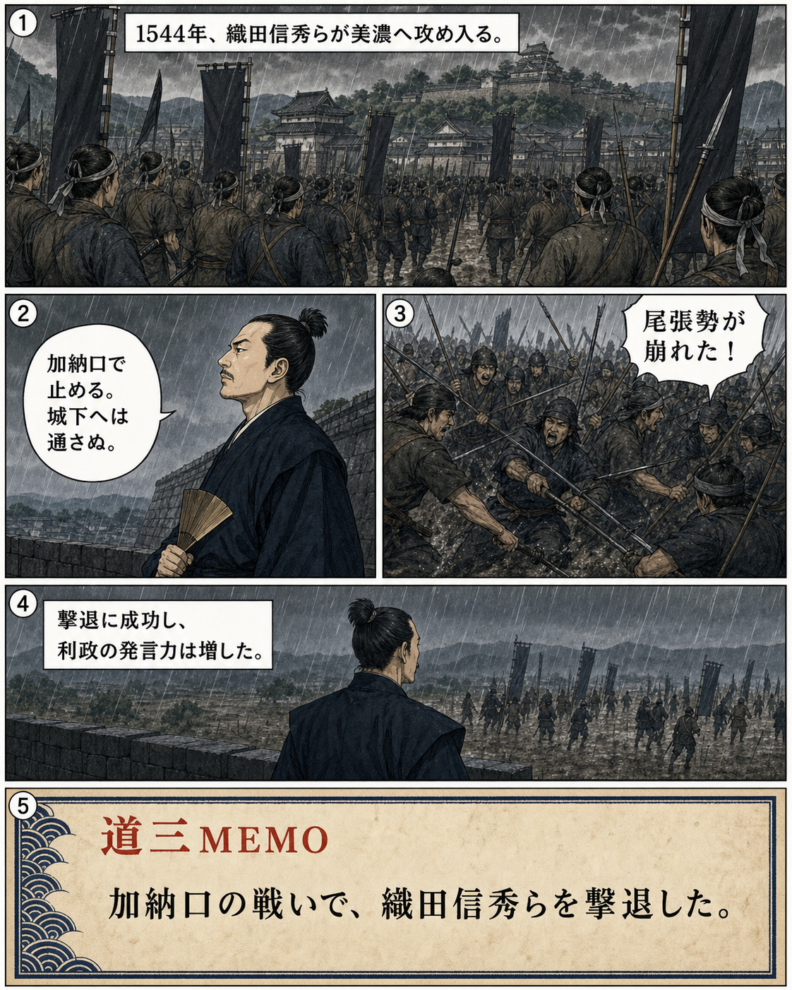漫画でわかる！美濃の蝮、斎藤道三の一生 10ページ「加納口の戦い」。1544年、織田信秀らを撃退し、利政の発言力が増す場面