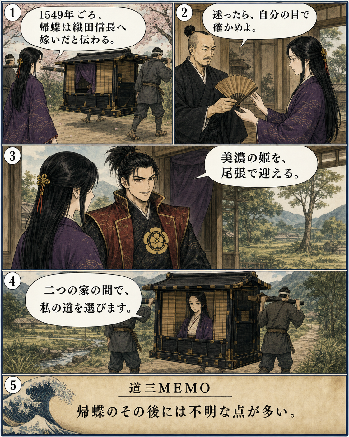 漫画でわかる！美濃の蝮、斎藤道三の一生 12ページ「帰蝶、尾張へ」。1549年ごろ、帰蝶が織田信長へ嫁いだと伝わる場面