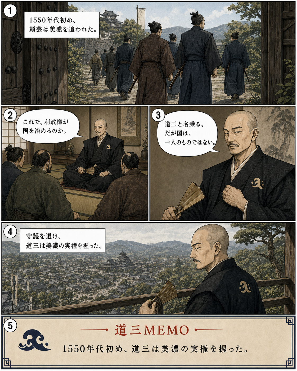 漫画でわかる！美濃の蝮、斎藤道三の一生 13ページ「美濃の実権」。守護を退けた道三が、美濃の実権を握るまでを描きます。