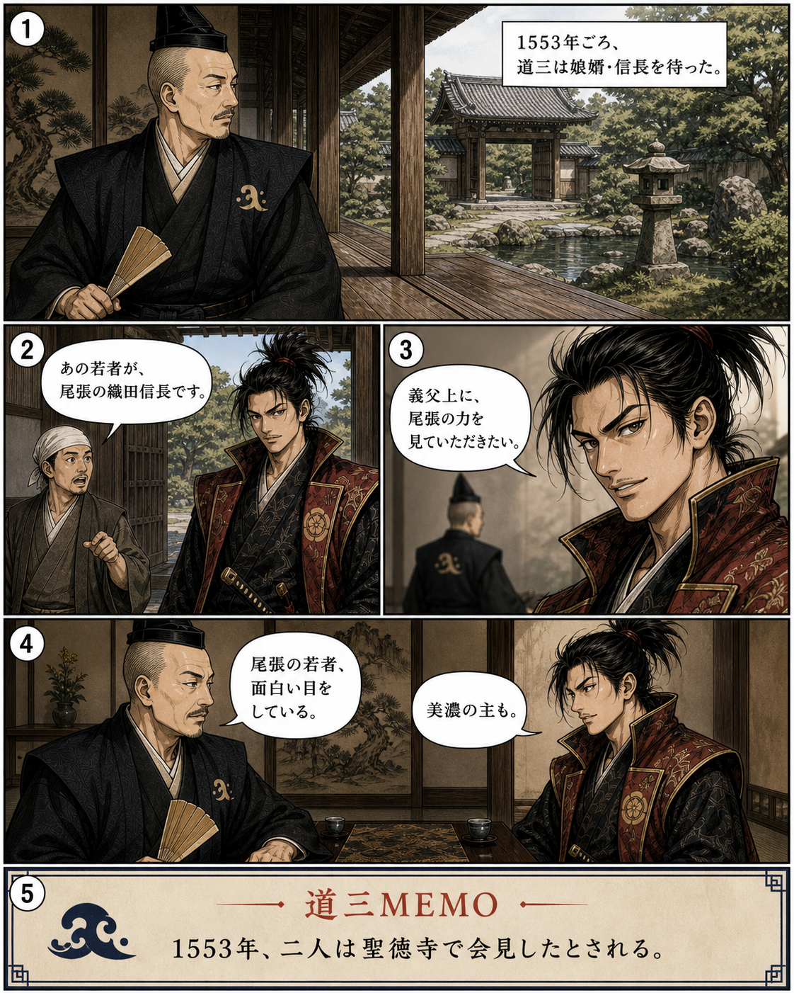 漫画でわかる！美濃の蝮、斎藤道三の一生 15ページ「聖徳寺の会見」。1553年ごろの聖徳寺会見とされる場面を、脚色である会話と区別して描きます。