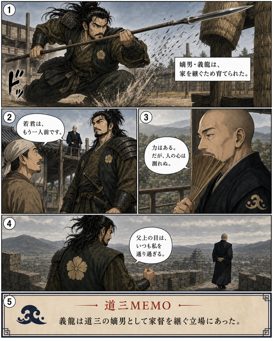 漫画でわかる！美濃の蝮、斎藤道三の一生 16ページ「長子・義龍」。嫡男・義龍の成長と、父・道三との距離を描きます。