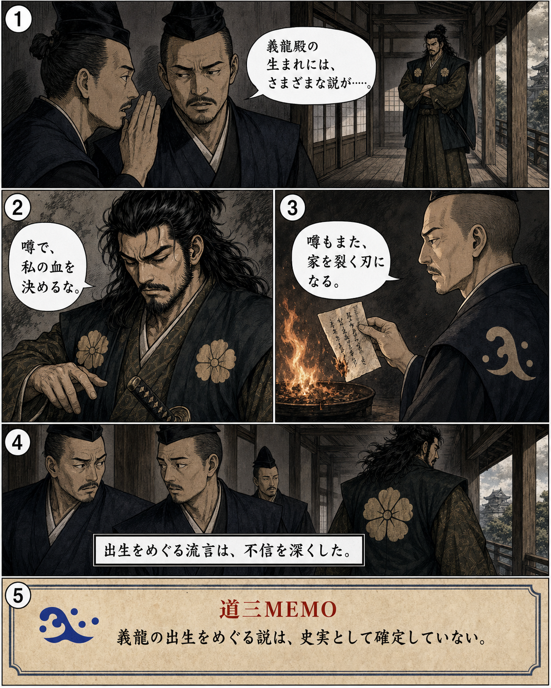 漫画でわかる！美濃の蝮、斎藤道三の一生 17ページ「揺らぐ家」。義龍の出生をめぐる確定できない流言が、家中の不信を深めます。