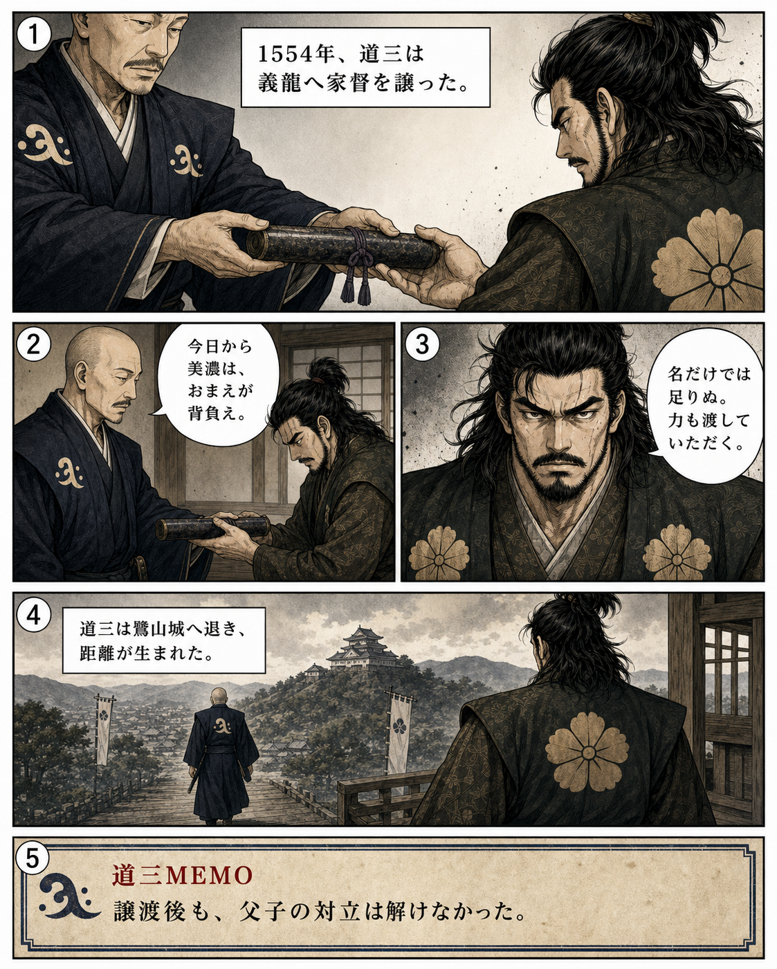 漫画でわかる！美濃の蝮、斎藤道三の一生 18ページ「1554年、家督を譲る」。道三が義龍へ家督を譲り、鷺山城へ退く転機