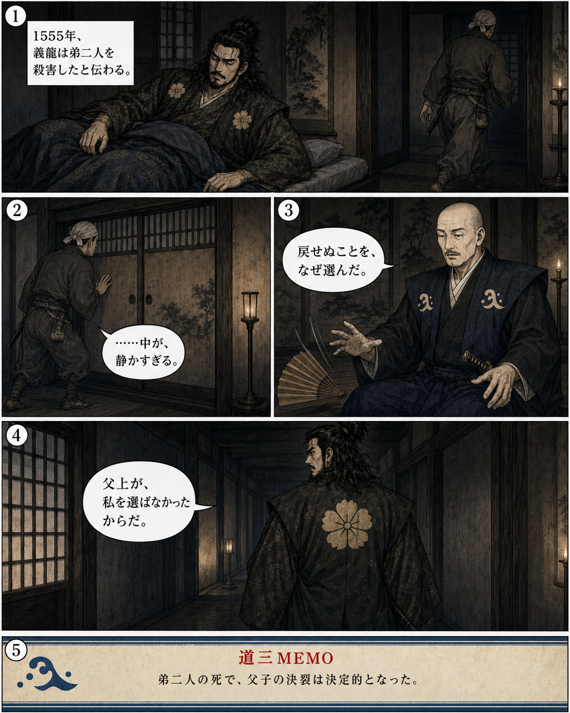 漫画でわかる！美濃の蝮、斎藤道三の一生 20ページ「1555年、決裂」。弟二人の死で、父子の対立が武力衝突へ向かう場面