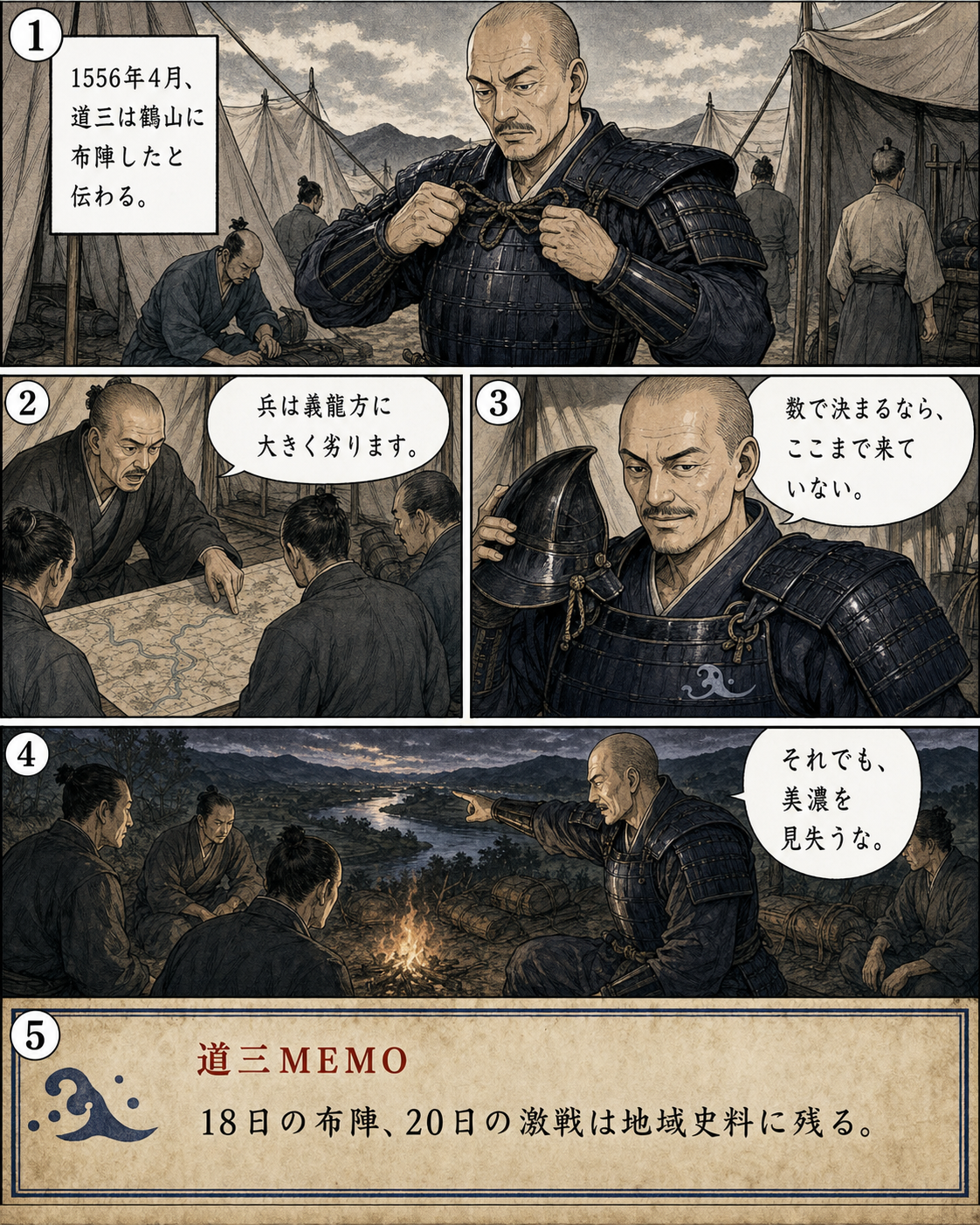 漫画でわかる！美濃の蝮、斎藤道三の一生 22ページ「長良川の前夜」。1556年4月、鶴山に布陣した道三が決戦を前にする場面