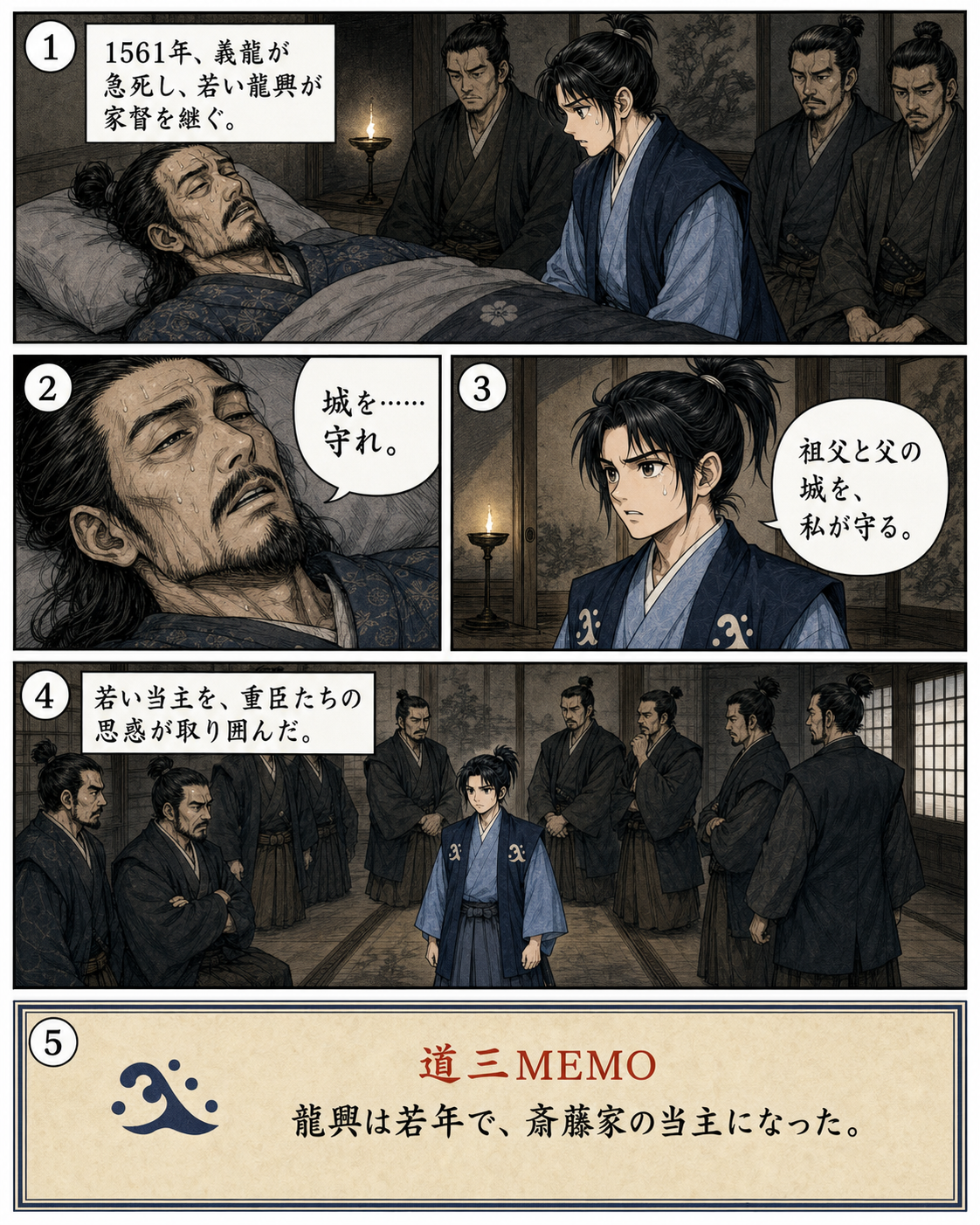 漫画でわかる！美濃の蝮、斎藤道三の一生 27ページ「1561年、急死」。義龍の急死を受け、若い龍興が家督を継ぐ場面