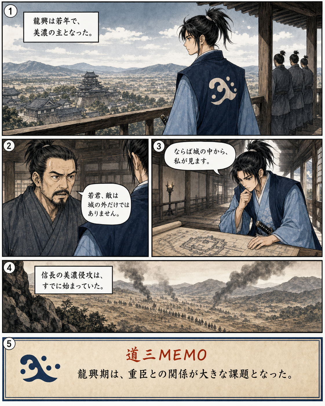 漫画でわかる！美濃の蝮、斎藤道三の一生 28ページ「若き城主・龍興」。重臣に囲まれながら、龍興が美濃の主として立つ姿を描きます。
