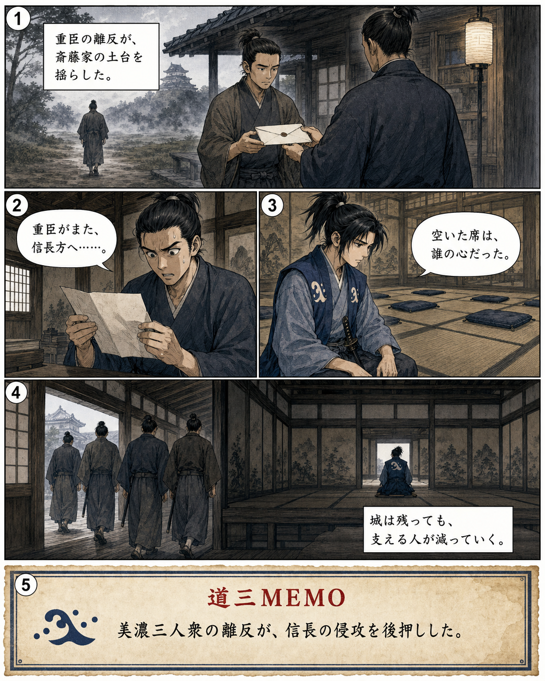 漫画でわかる！美濃の蝮、斎藤道三の一生 31ページ「離反の連鎖」。美濃三人衆など重臣の離反が、斎藤家の支えを揺るがします。