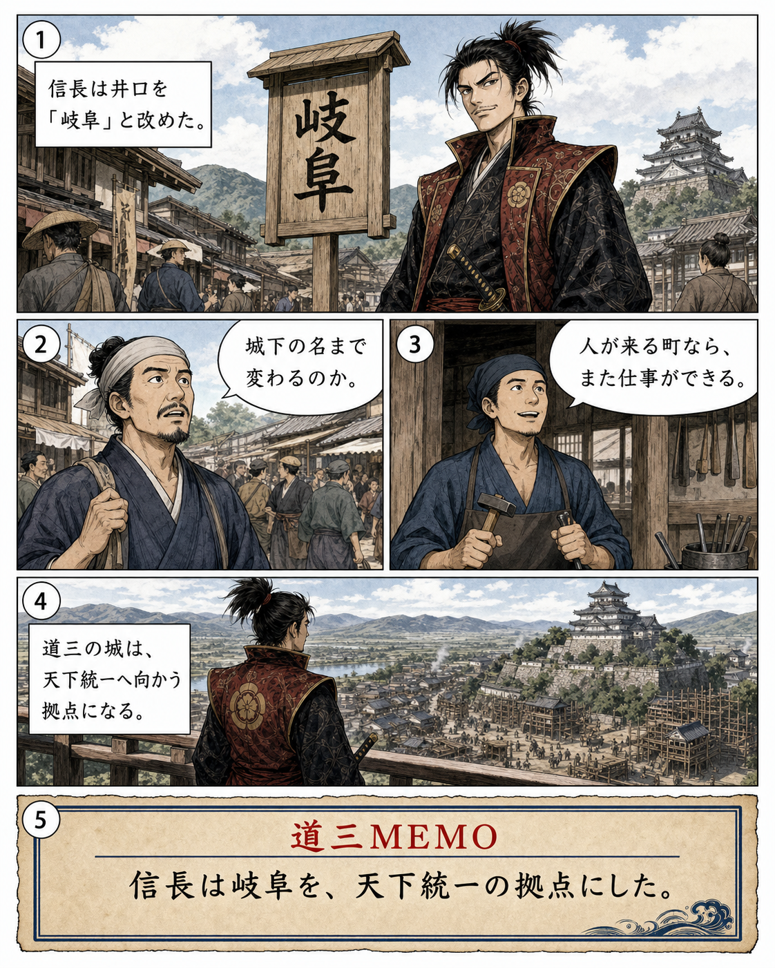 漫画でわかる！美濃の蝮、斎藤道三の一生 33ページ「「岐阜」へ」。井口が「岐阜」へ改められ、城下が新たな拠点になる場面