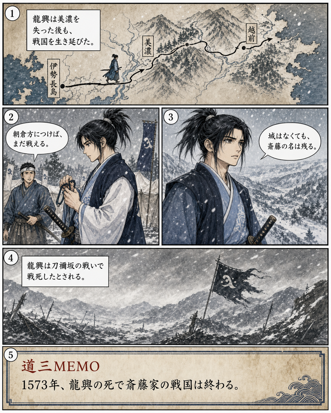 漫画でわかる！美濃の蝮、斎藤道三の一生 34ページ「龍興、流浪の果て」。美濃を失った龍興が1573年に戦死したとされるまでを追います。