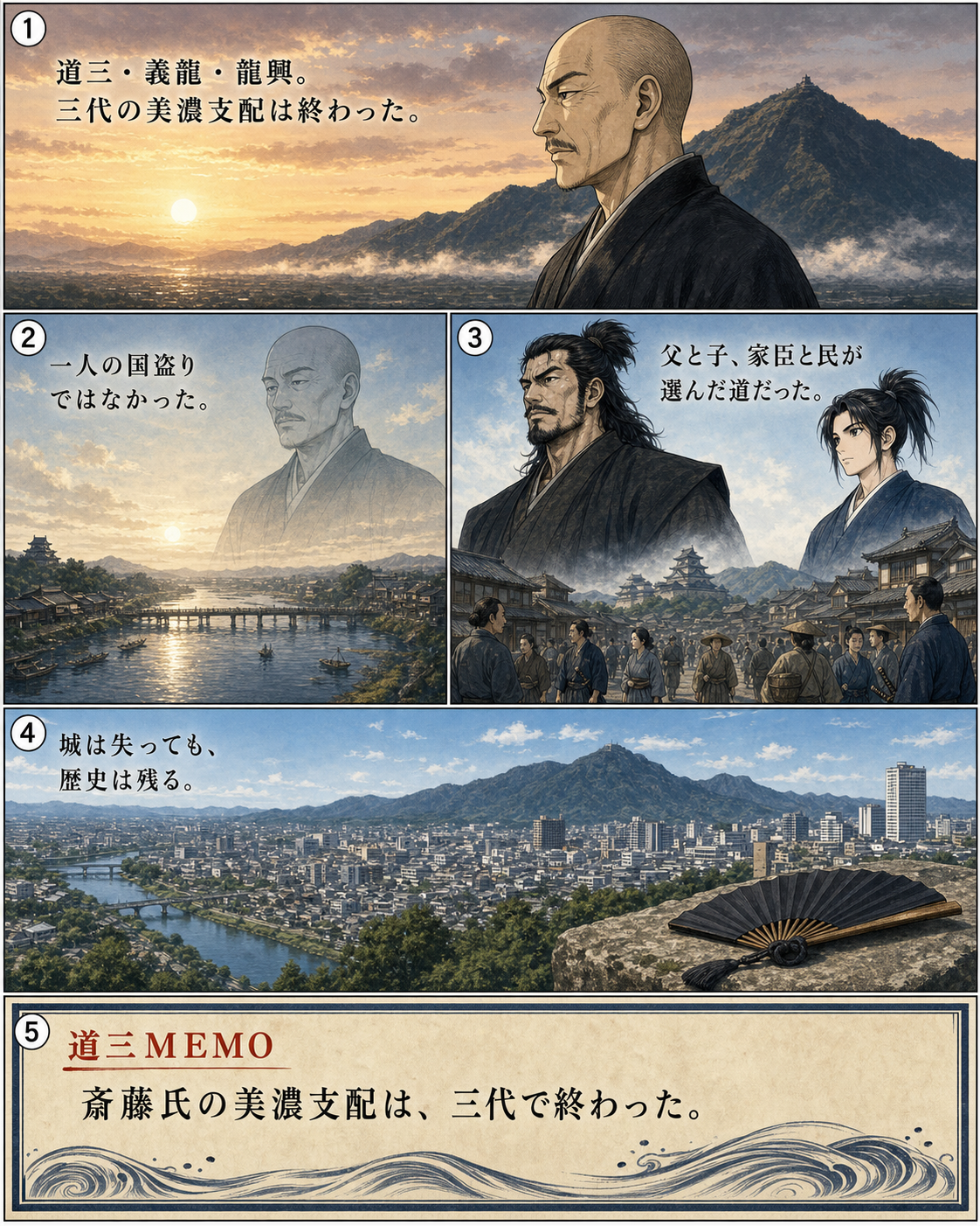 漫画でわかる！美濃の蝮、斎藤道三の一生 35ページ「蝮の遺したもの」。道三・義龍・龍興。斎藤家三代の美濃支配の終わりを振り返ります。